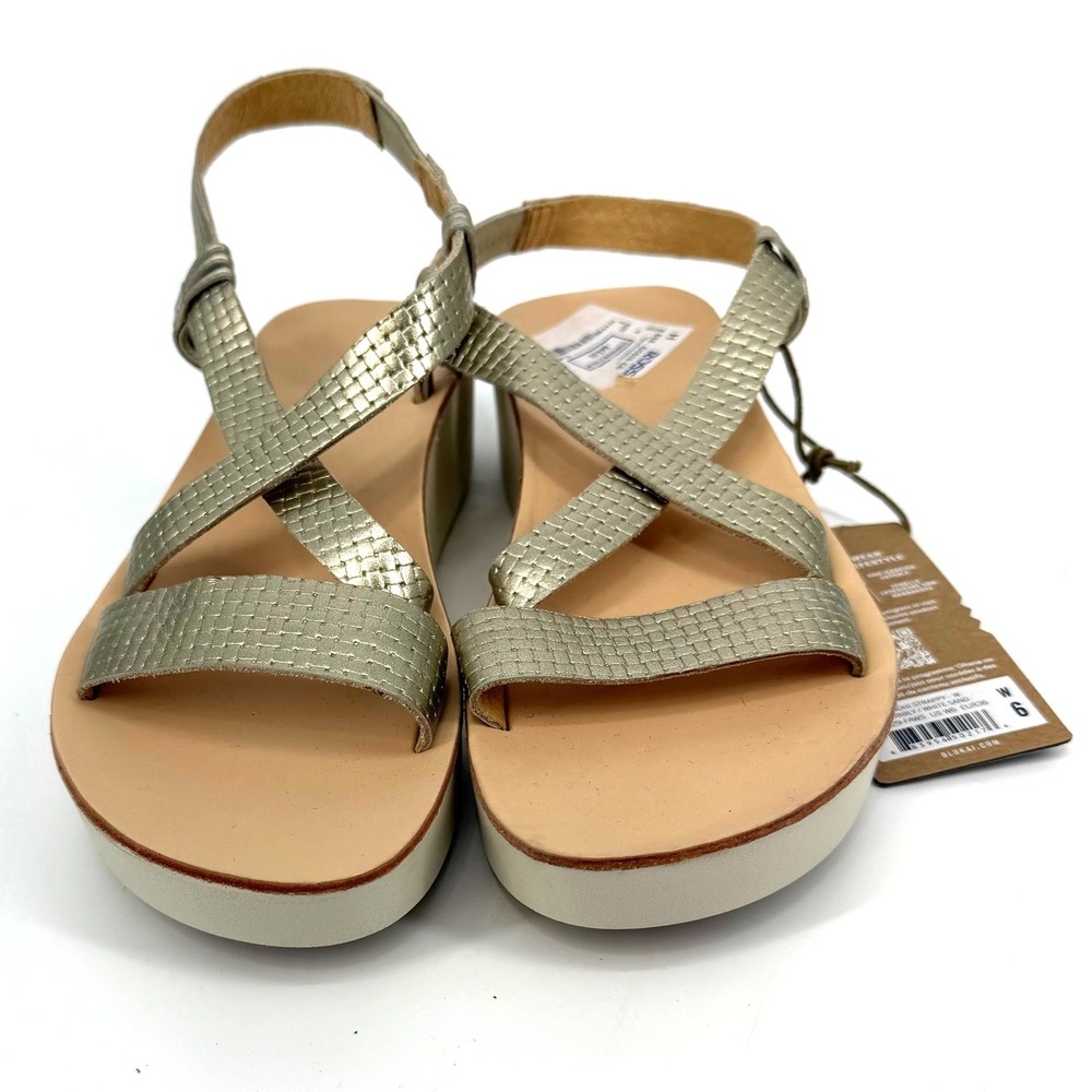 NWT OluKai Onohi Strappy Bubbly Gold Metallic Leather Platform Wedge‎ Sandals W6 - Picture 3 of 10